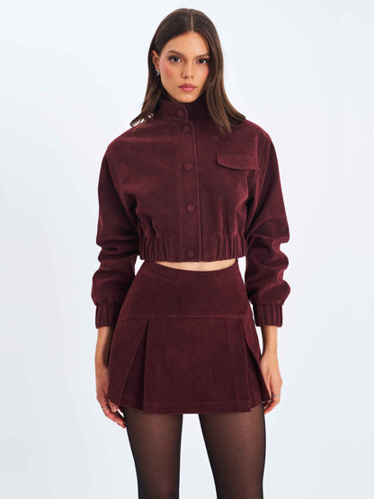 Faryn Mahogany Vegan Suede Pleated A-Line Mini Skirt