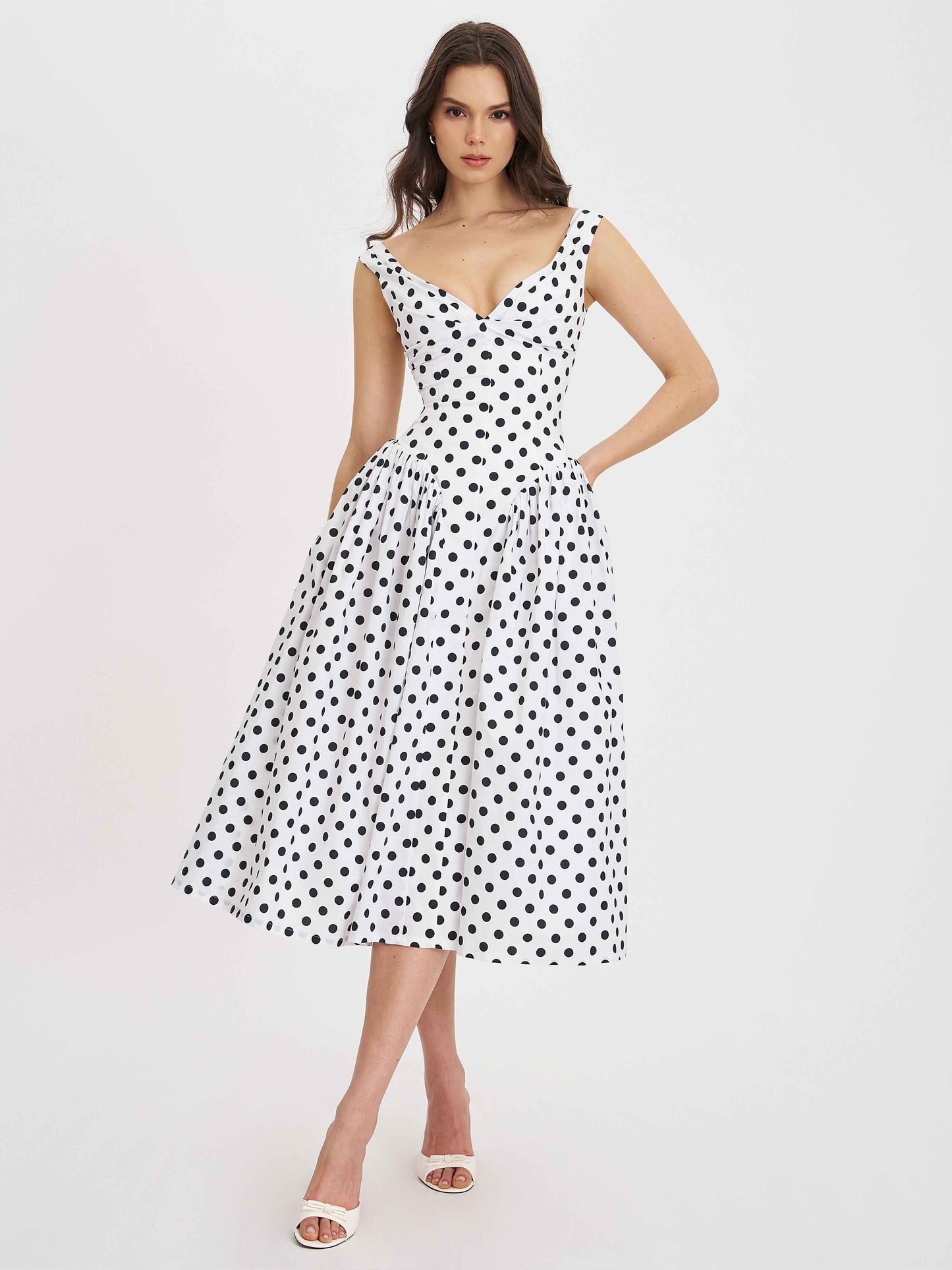 Rahma Polka Dot Drop Waist Midi Cotton Poplin Dress