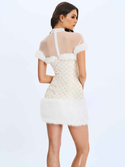 Taylor Ivory Fur Trimmed Beaded Bouclé Mini Dress