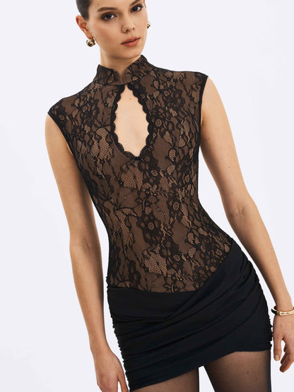 Valerie Black Lace Teardrop Neckline Ruched Mini Dress
