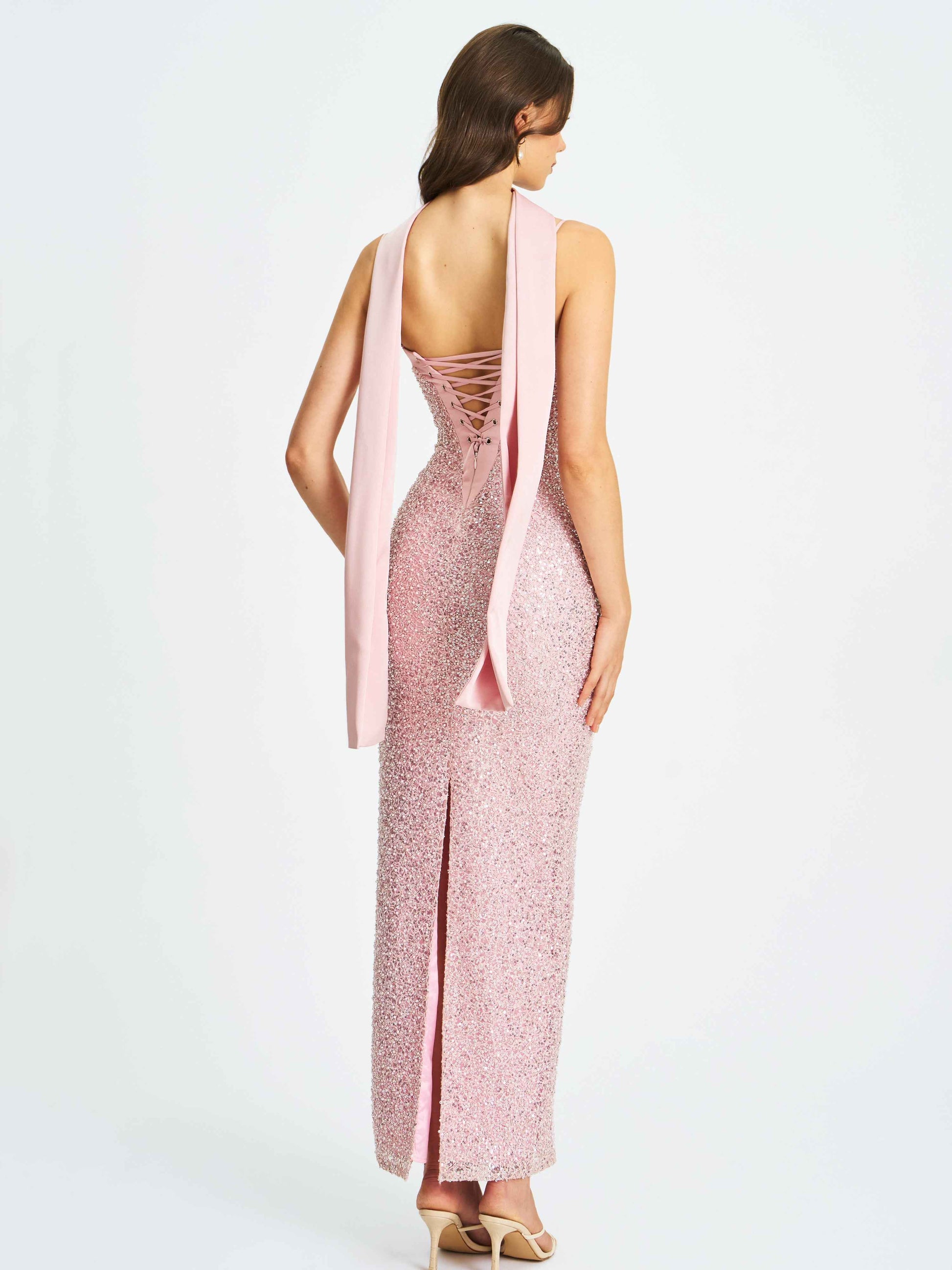 Raizel Pink Beaded Sequin Bodycon Gown with Scarf