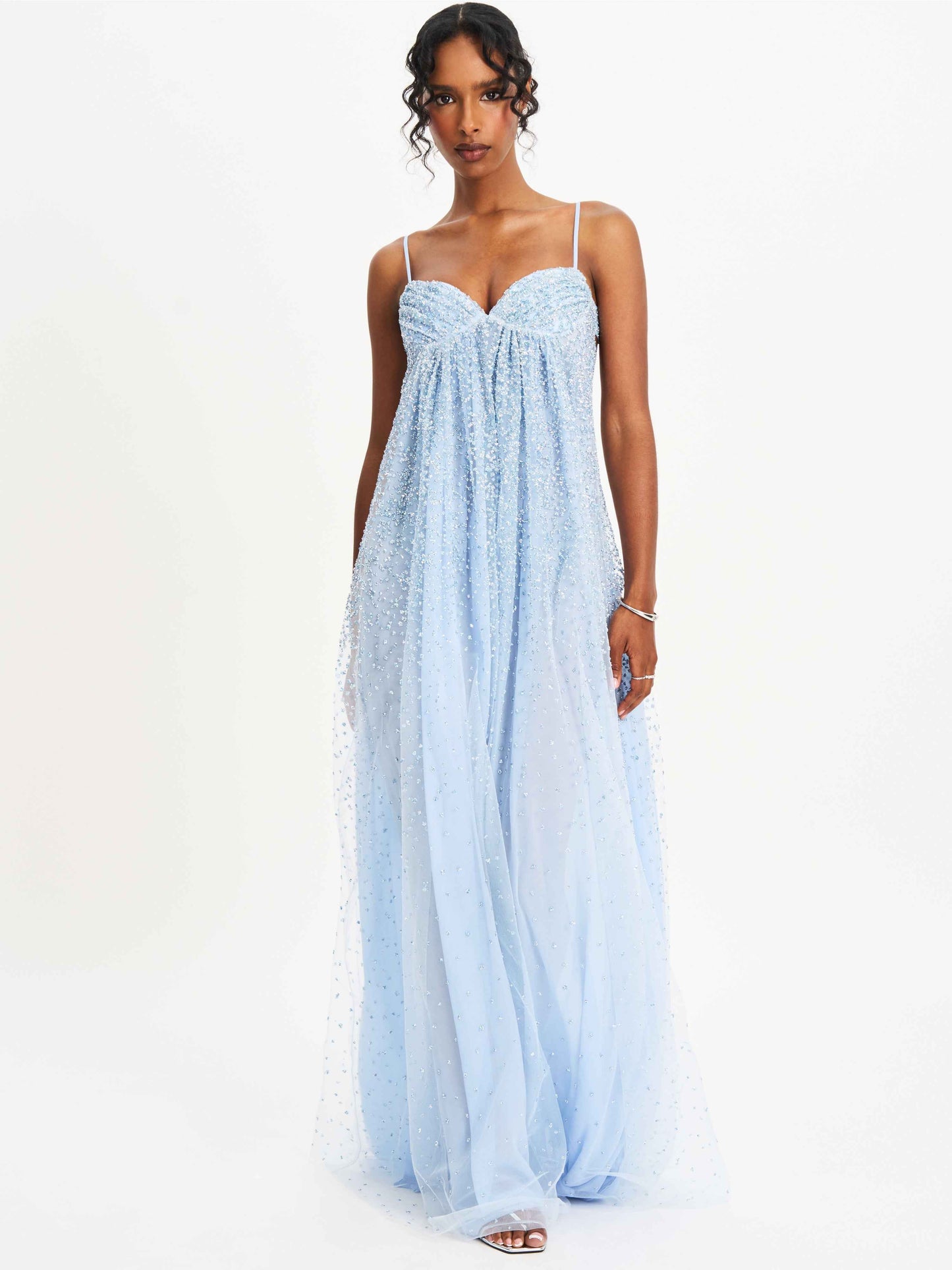 Wallie Baby Blue Rhinestone Embellished Mesh Backless Gown