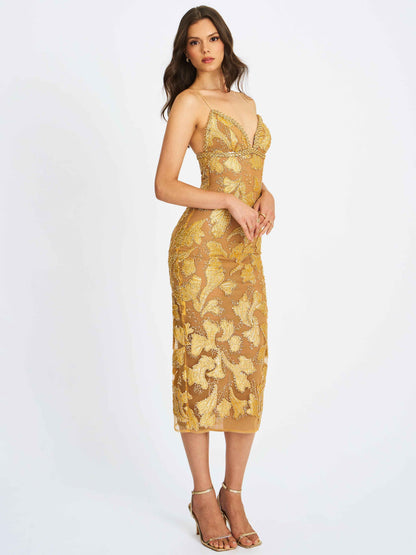 Edie Gold Beaded Sequin Midi Pencil Dress