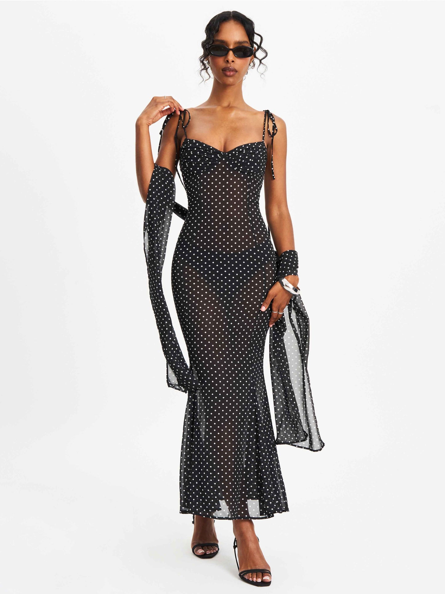 Yadira Black Base Polka Dot Chiffon Maxi Dress