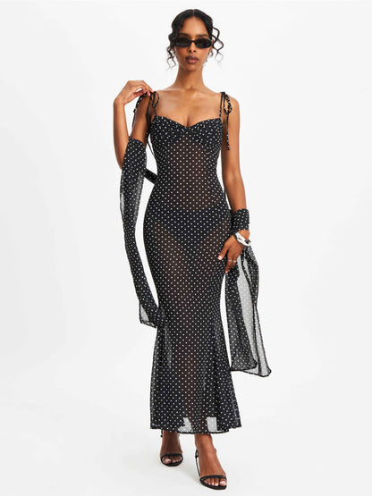 Yadira Black Base Polka Dot Chiffon Maxi Dress