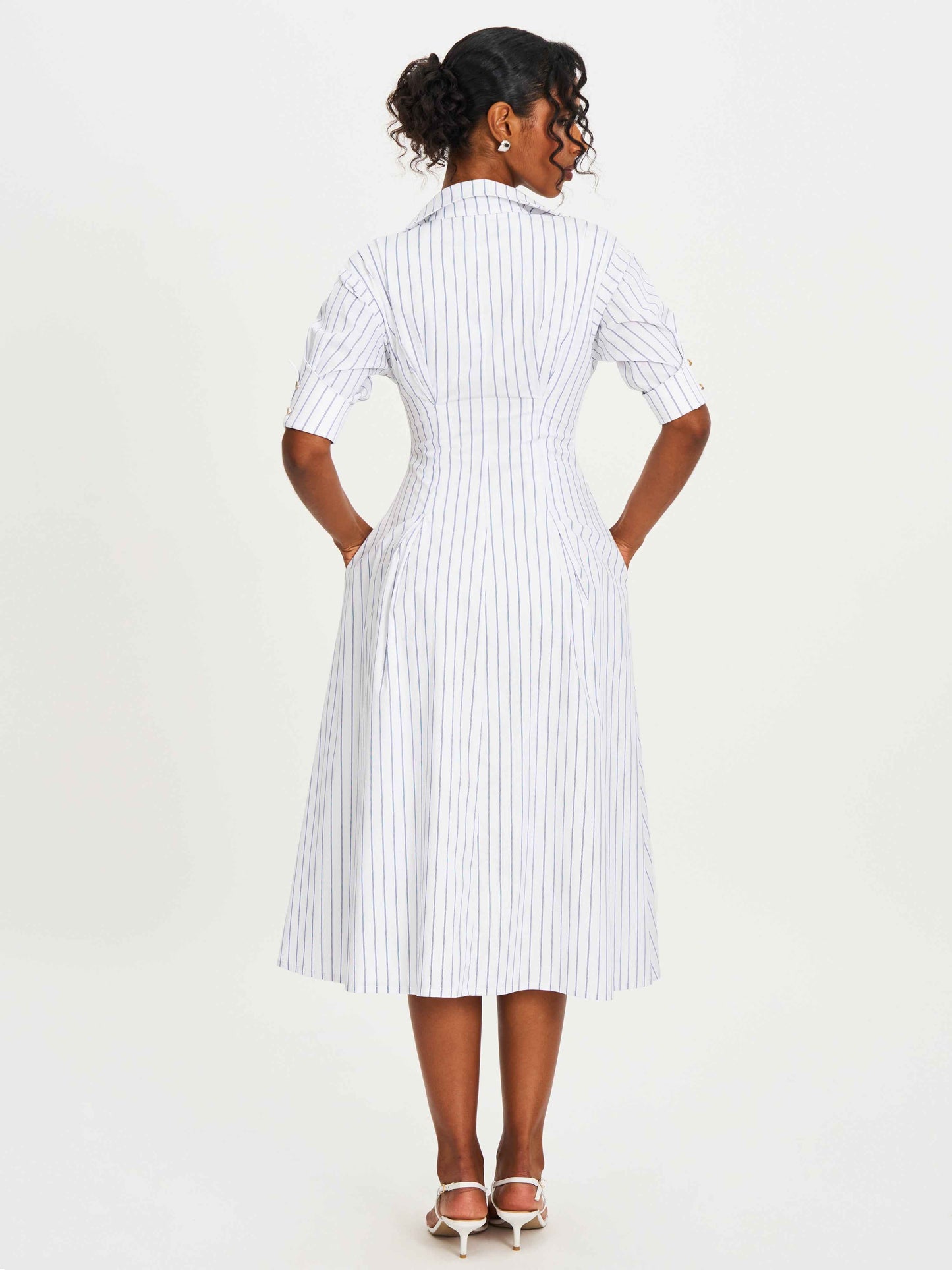 Palina Pinstripes Cotton Poplin Pleated Midi Preppy Shirt Dress