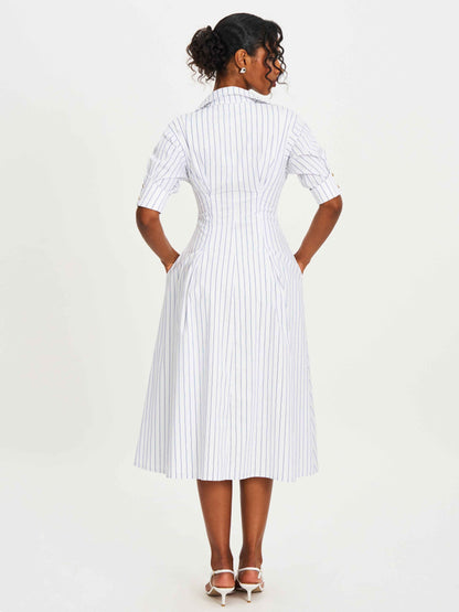 Palina Pinstripes Cotton Poplin Pleated Midi Preppy Shirt Dress