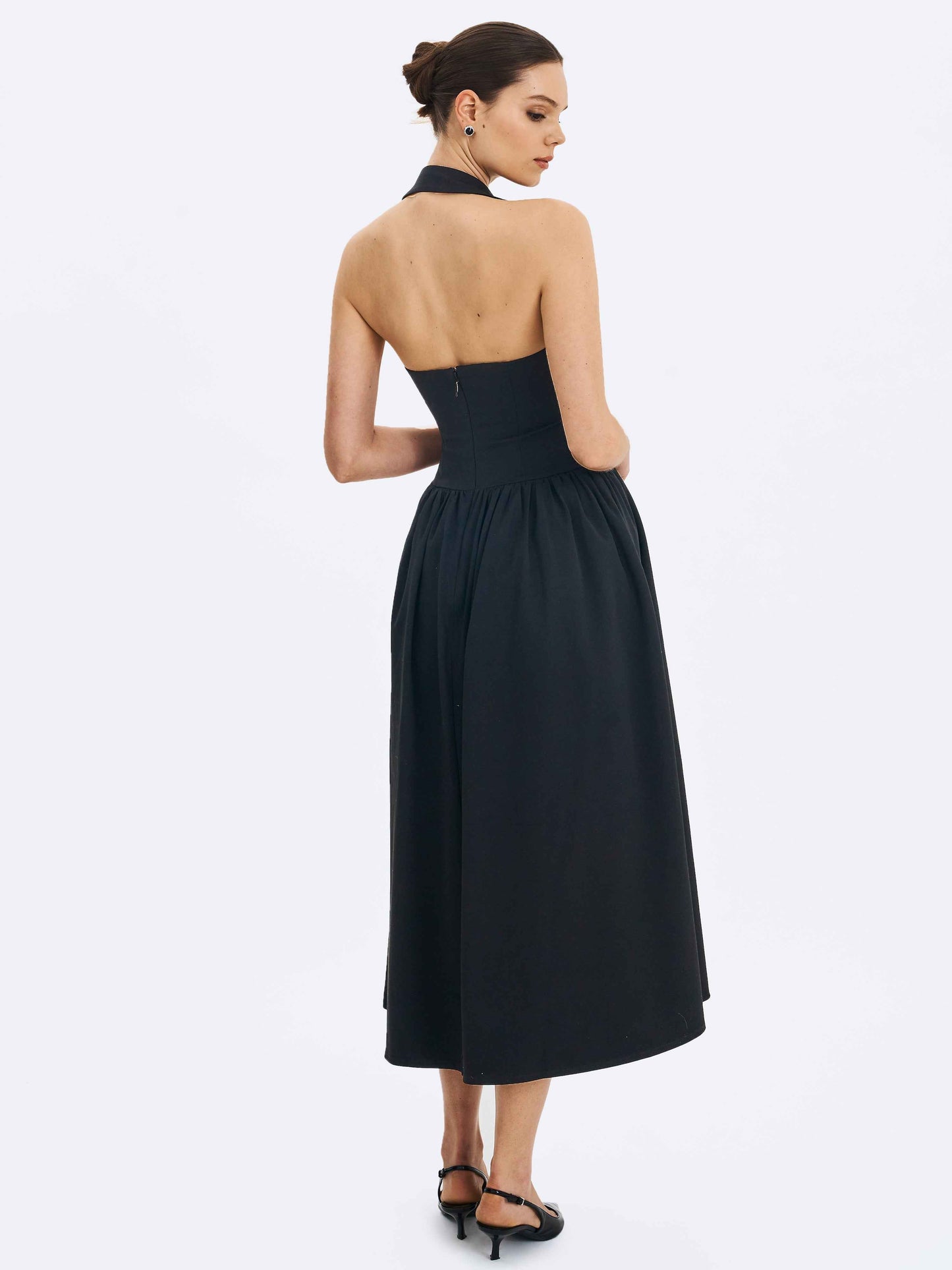 Delaney Black Lapel Halter Midi A-Line Dress