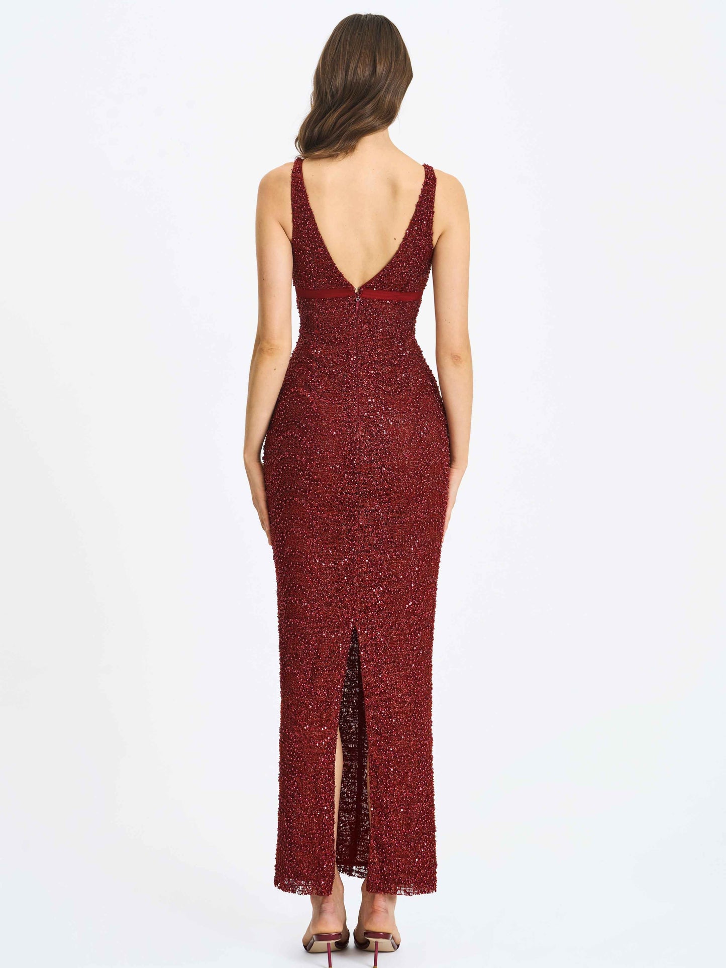 Elora Crimson Sequin Beaded Keyhole Maxi Dress