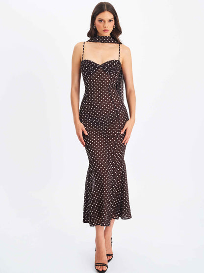 Yadira Brown Base Polka Dot Chiffon Maxi Dress