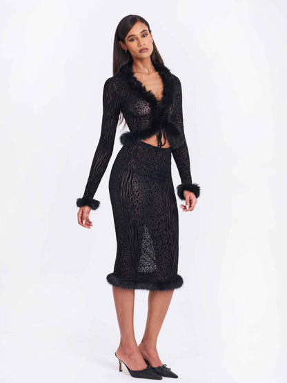 Halia Black Animal Print Burnout Velvet Fur Trim Skirt