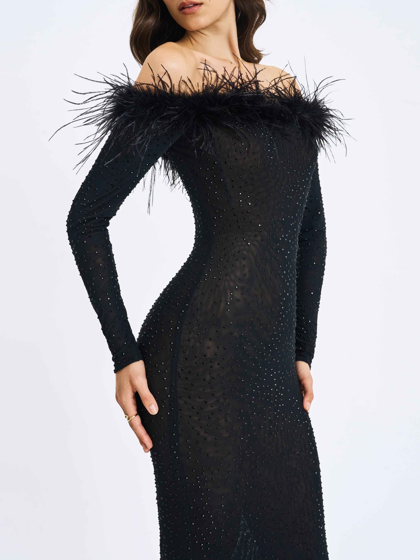 Emberly Black Fur Trimmed Off-Shoulder Rhinestone Mermaid Maxi Dress