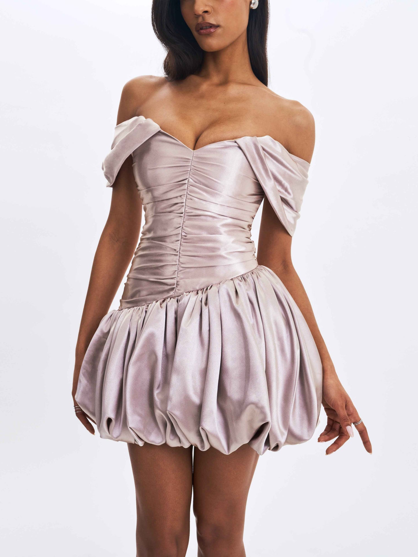 Milena Champagne Ruched Asymmetrical Bubble Mini Dress