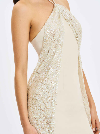 Quimera Almond Beaded Cape Halter Off-Shoulder Maxi Gown