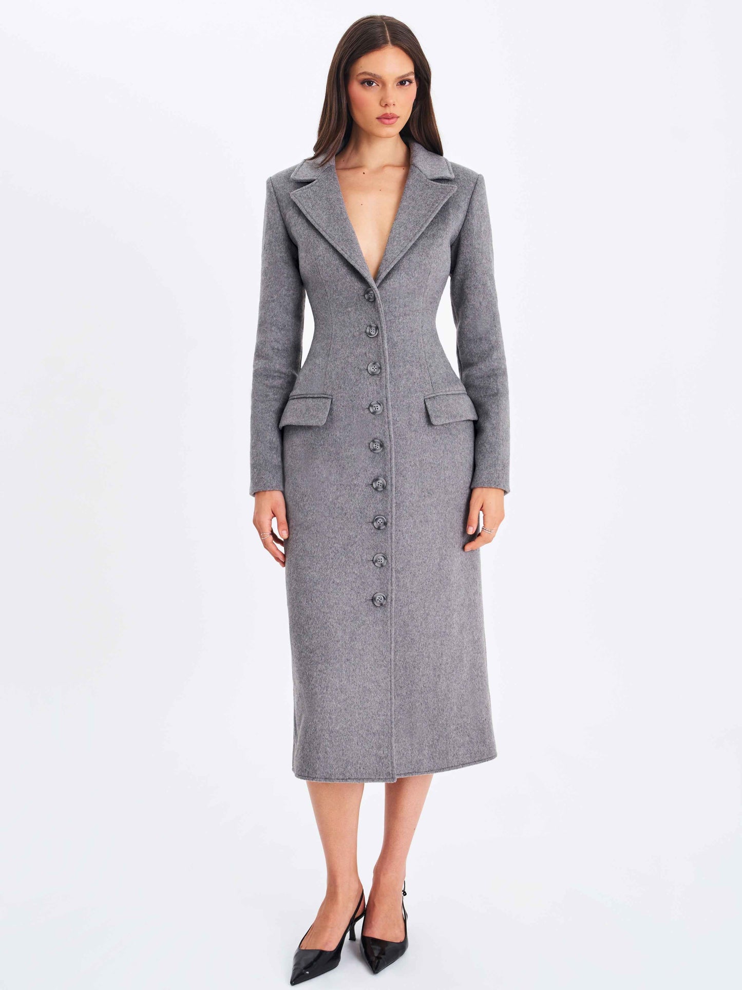 Faye Grey Wool Blend Single-Breasted Coat with Removable Faux Fur Collar