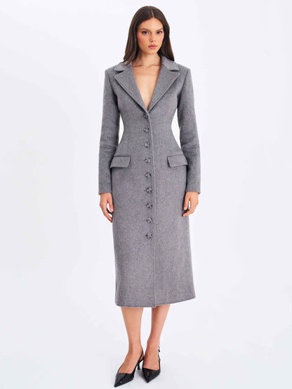 Faye Grey Wool Blend Single-Breasted Coat with Removable Faux Fur Collar