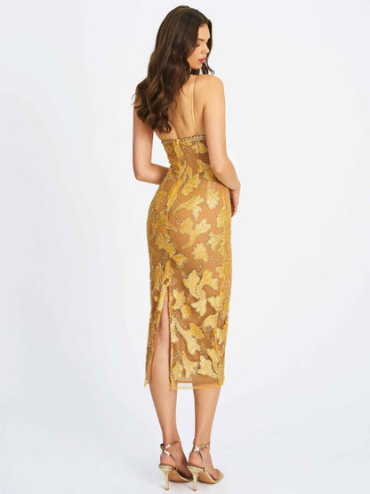 Edie Gold Beaded Sequin Midi Pencil Dress