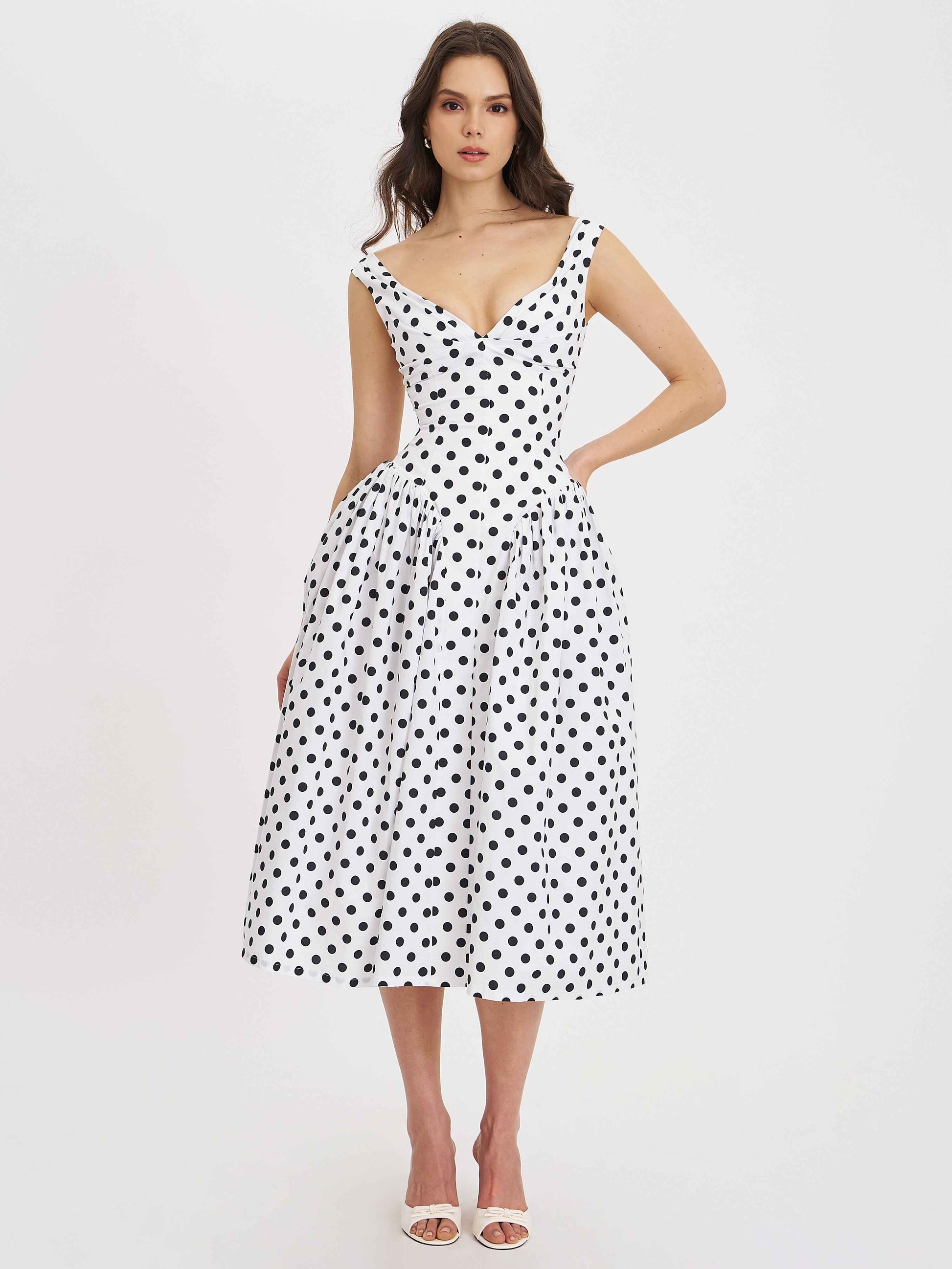 Rahma Polka Dot Drop Waist Midi Cotton Poplin Dress