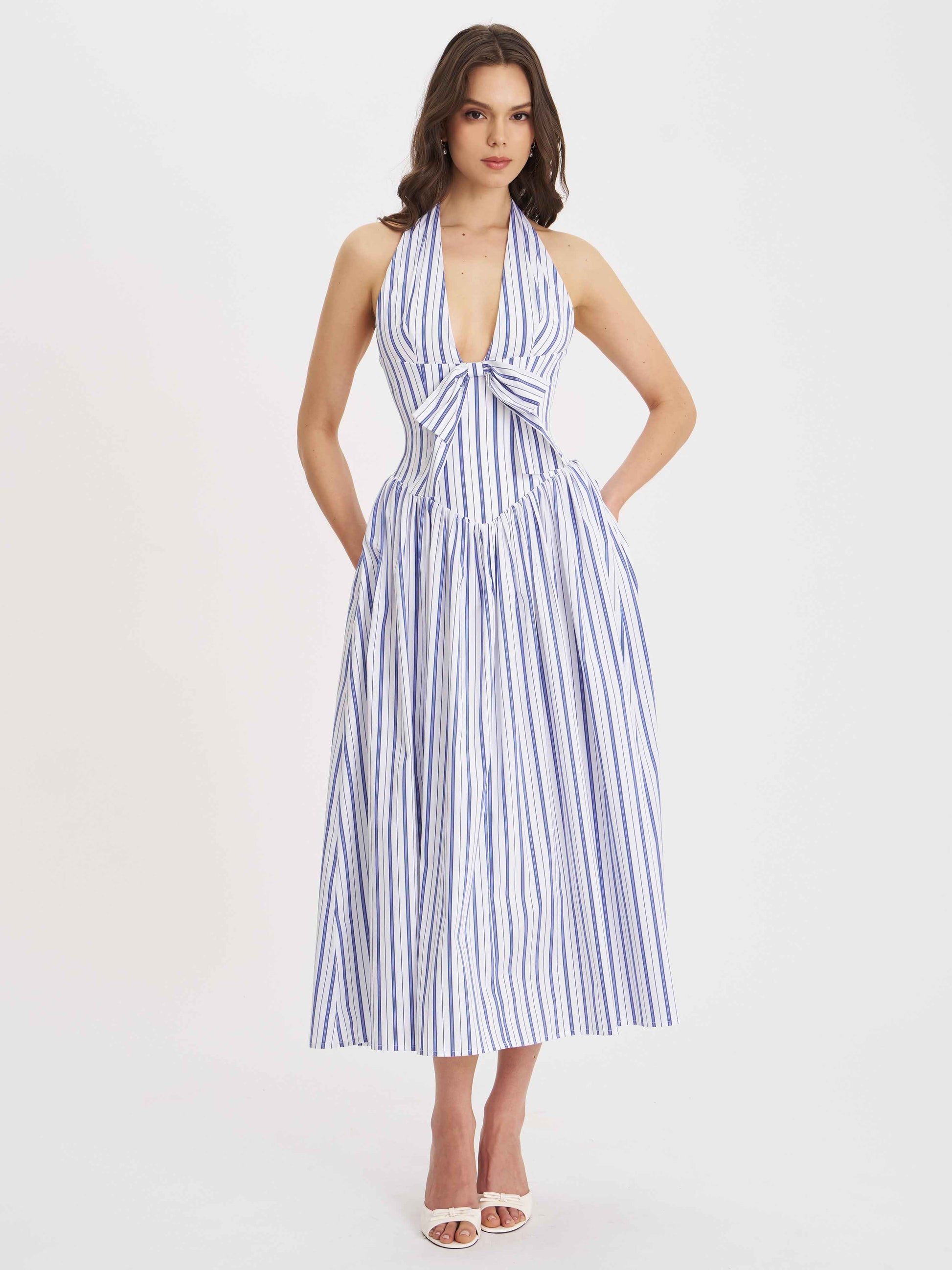 Mackenna Navy Stripe Halter Smock Back Maxi Dress