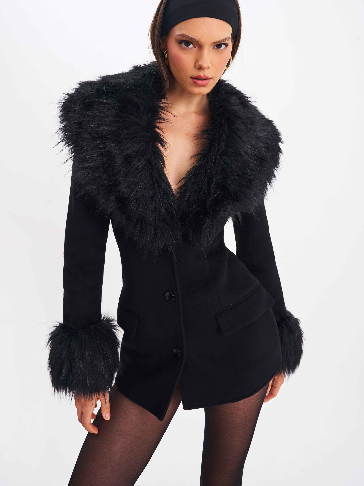Hailee Black Single Breasted Wool Blend Mini Coat with Removable Fur Lapel