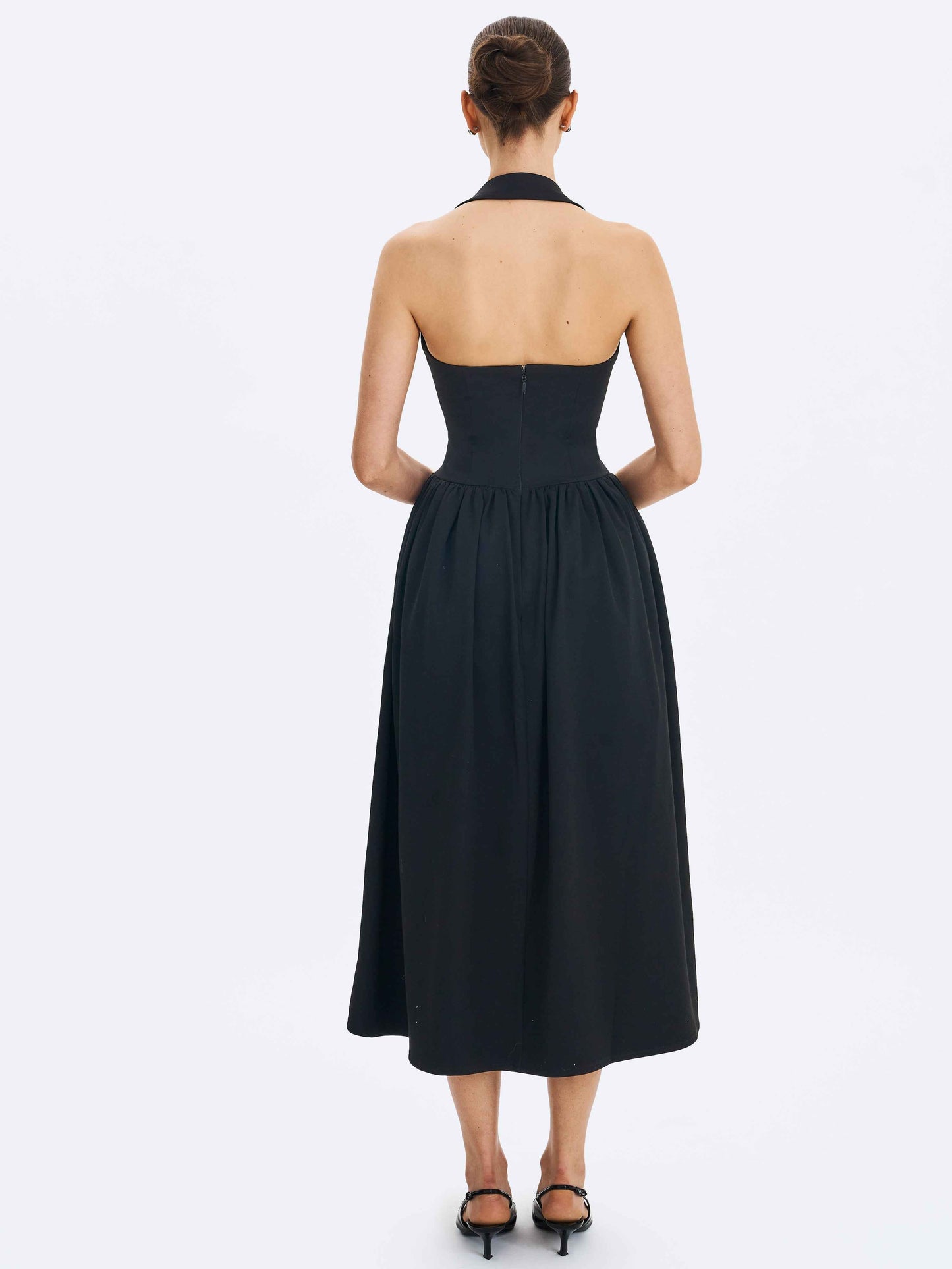 Delaney Black Lapel Halter Midi A-Line Dress