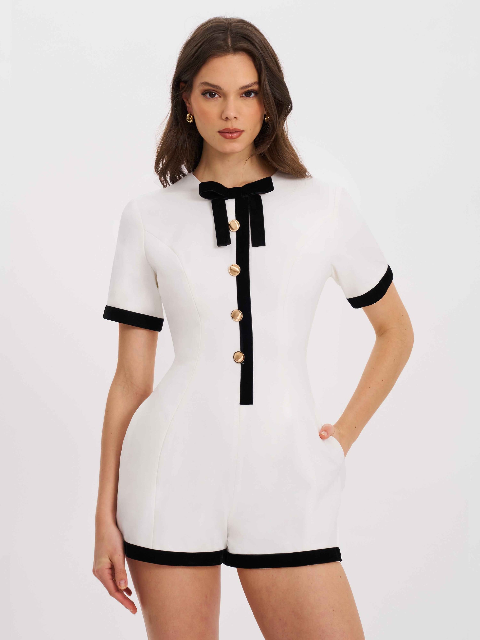 Idina Business Casual White Romper with Black Trim