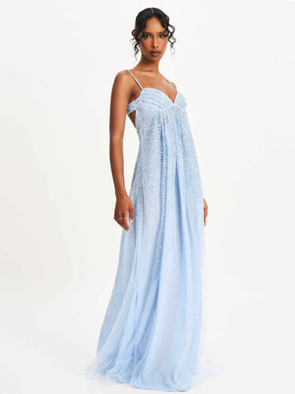 Wallie Baby Blue Rhinestone Embellished Mesh Backless Gown