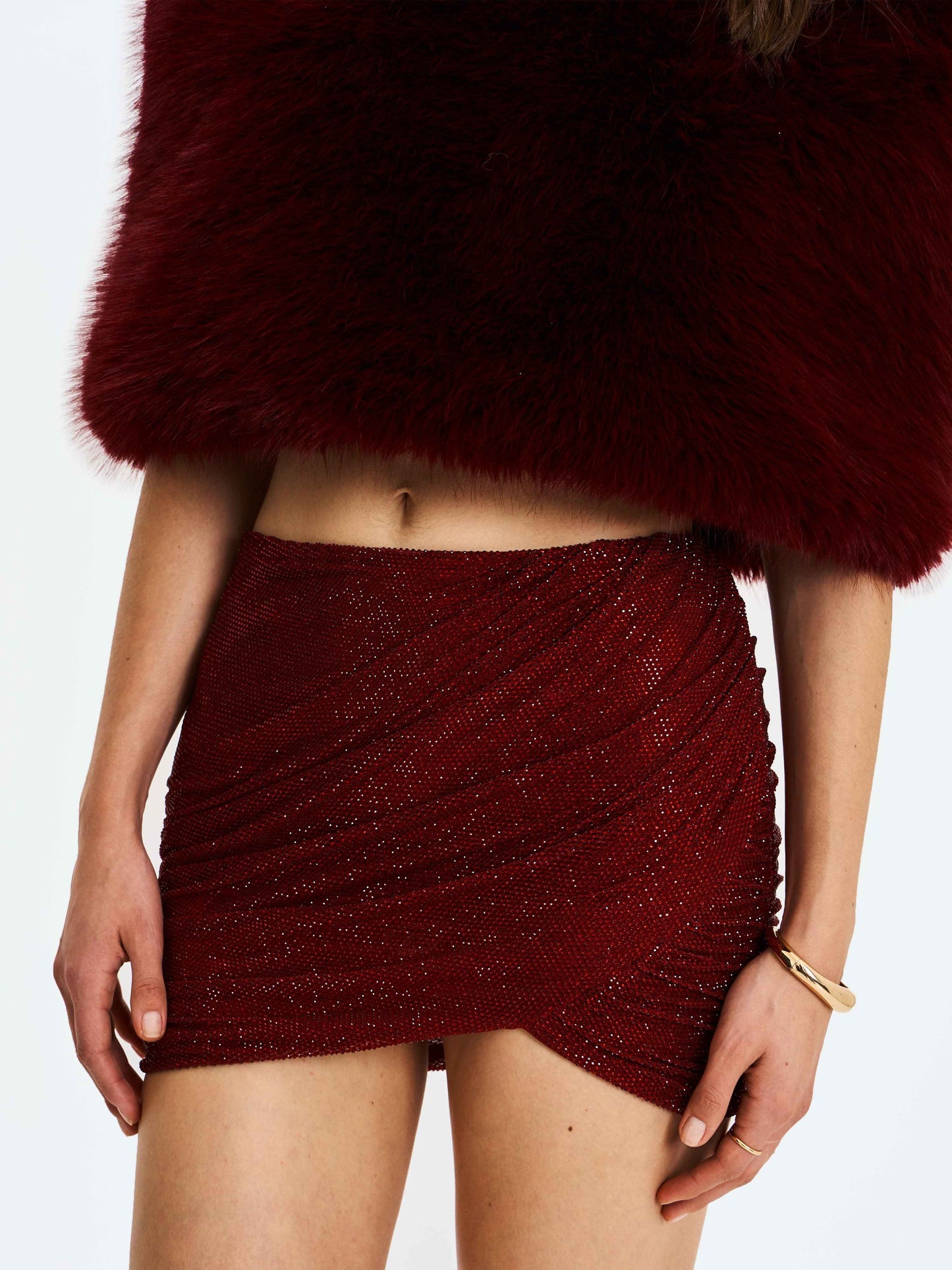 Darleen Crimson Rhinestone Mesh Low Waist Ruched Skirt