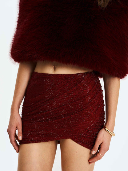 Darleen Crimson Rhinestone Mesh Low Waist Ruched Skirt