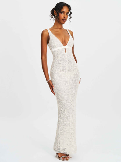 Adelaide White Beaded Sequin Net Bodycon Gown