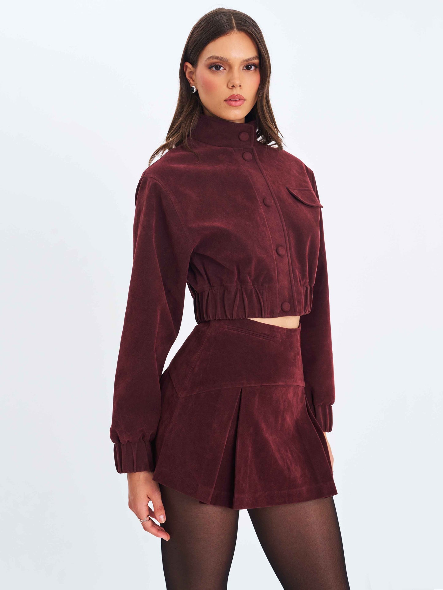 Farryn Mahogany Vegan Suede Cropped Bomber Jacket