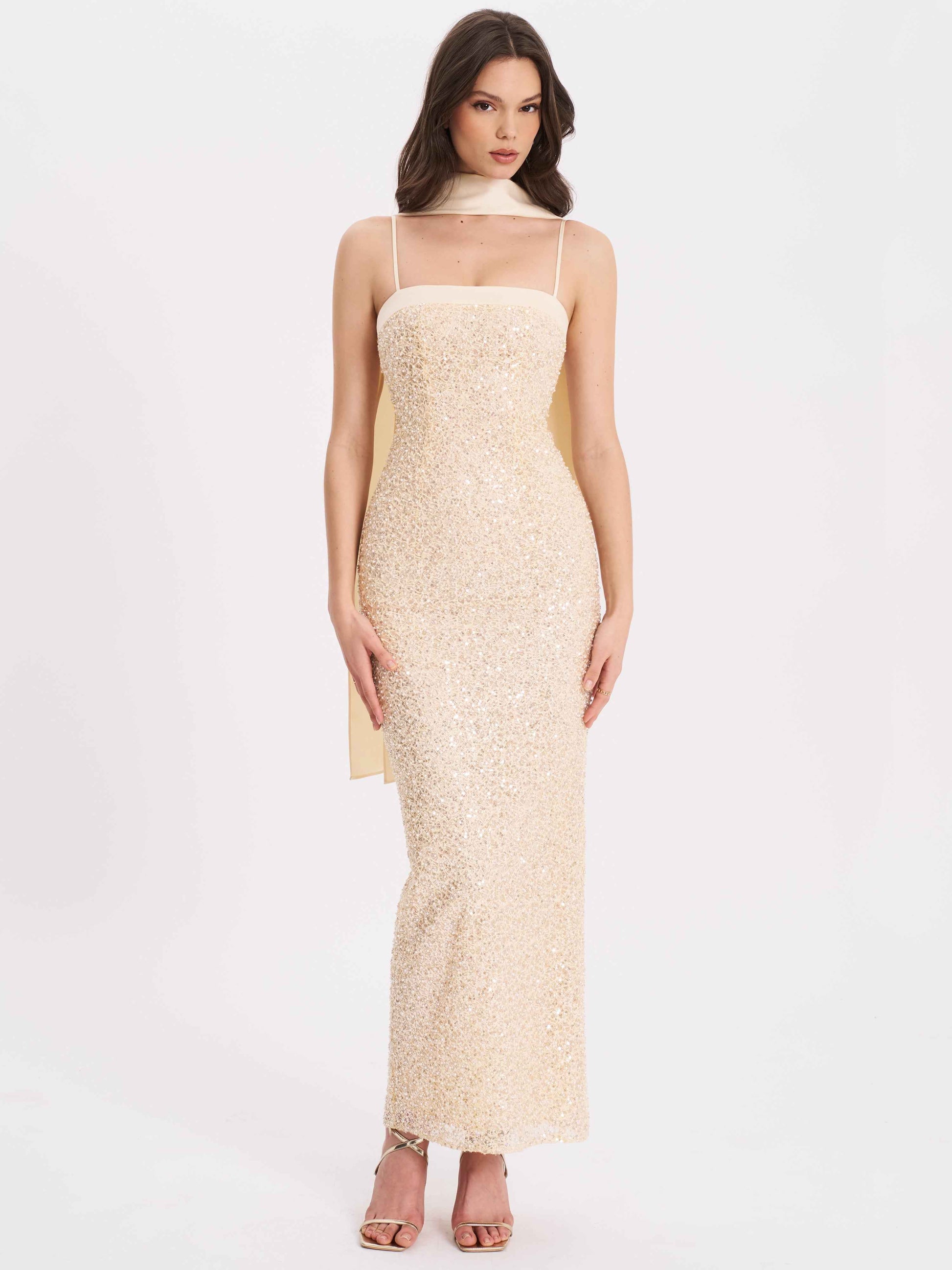 Raizel Gold Beaded Sequin Bodycon Gown with Scarf