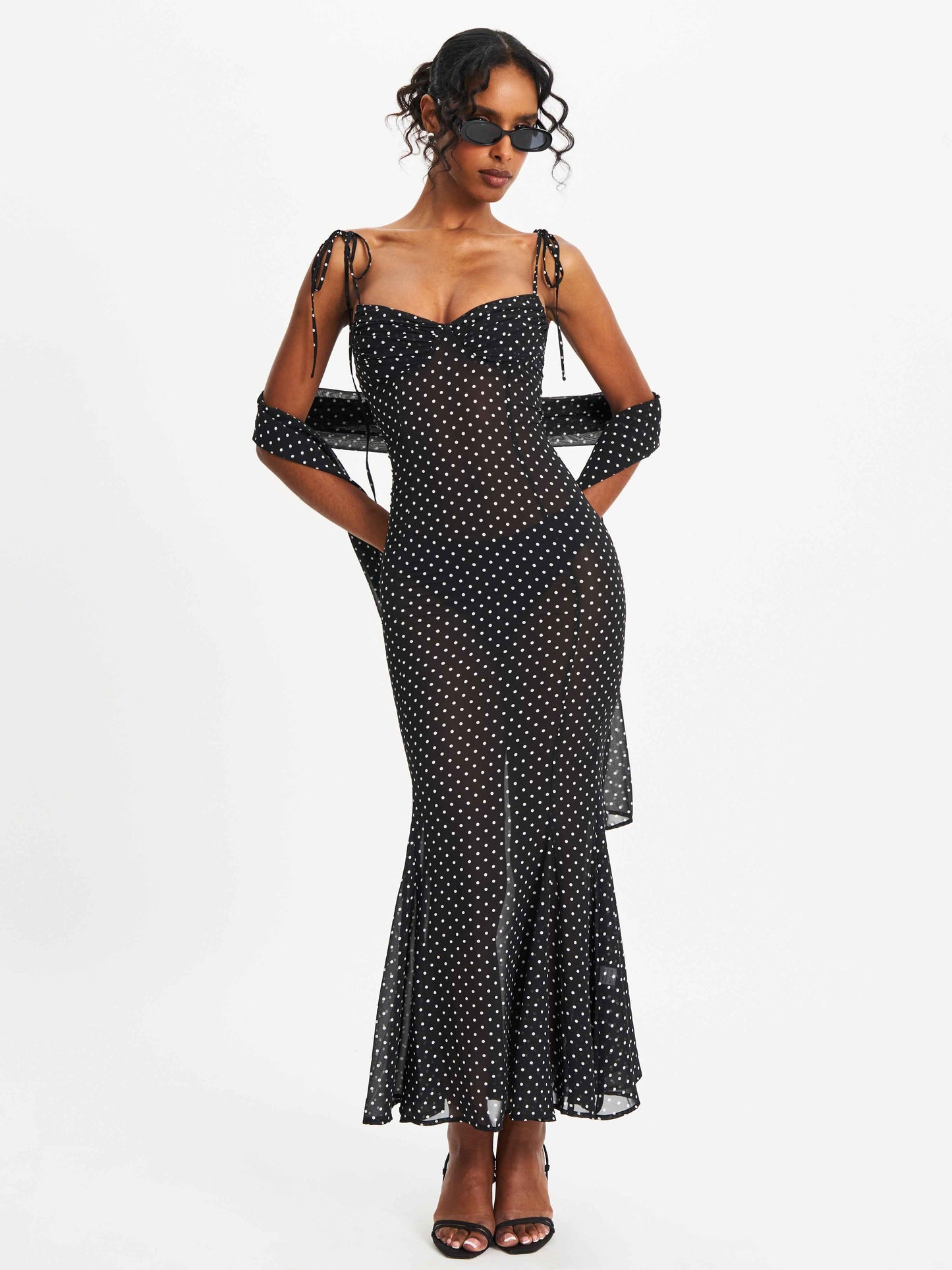 Yadira Black Base Polka Dot Chiffon Maxi Dress