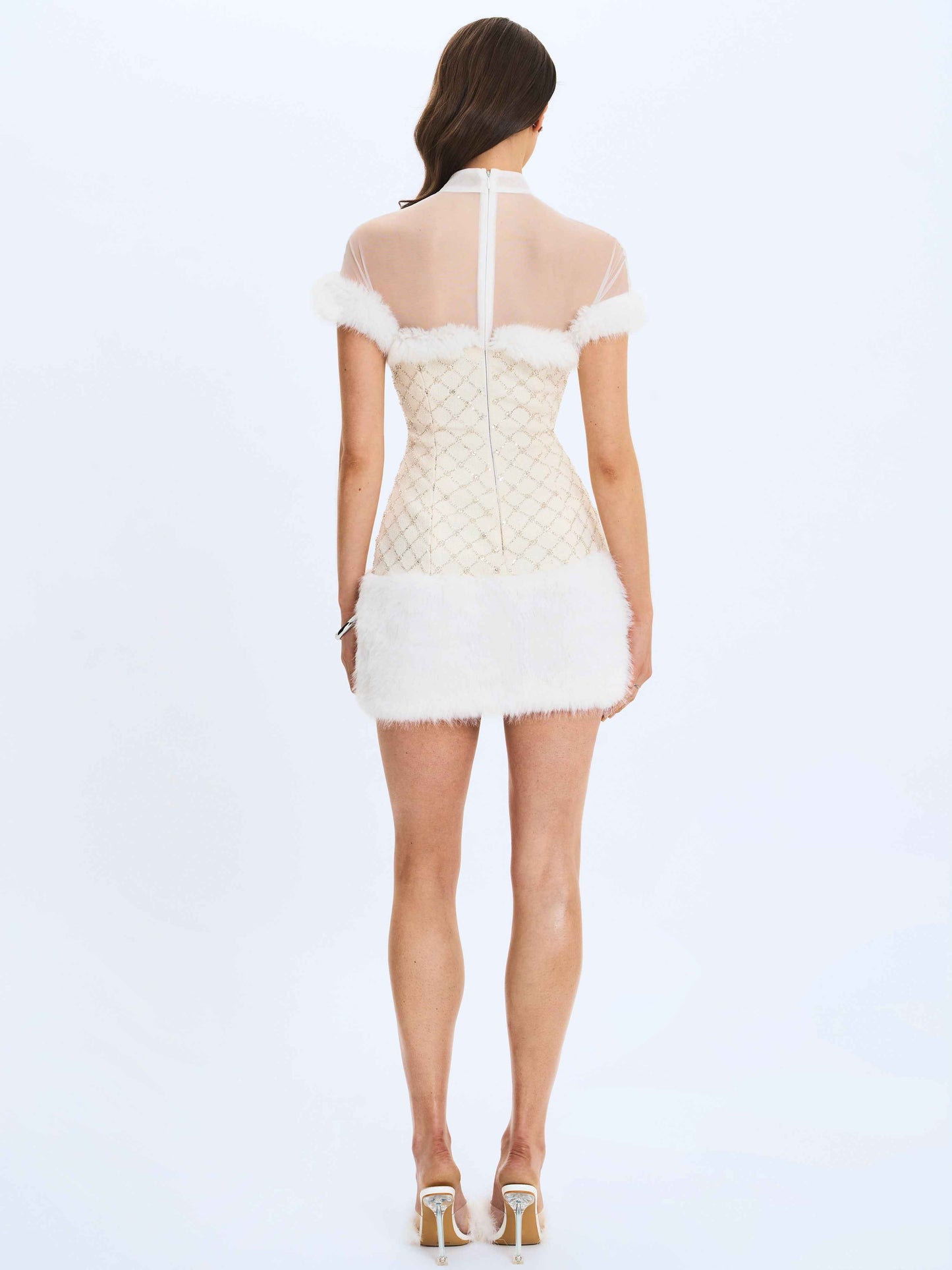 Taylor Ivory Fur Trimmed Beaded Bouclé Mini Dress