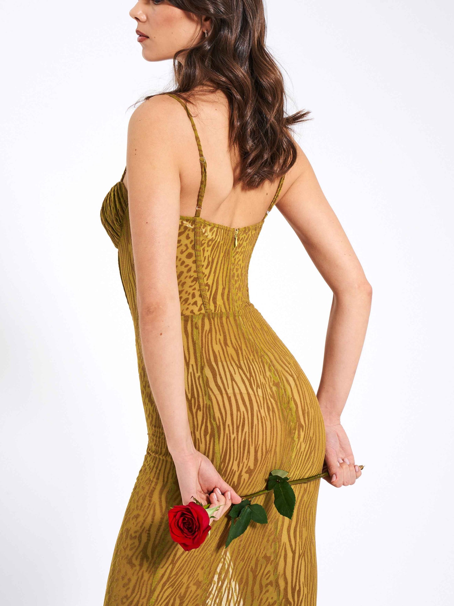 Ulani Gold Burnout Velvet Detail Mesh Maxi Dress