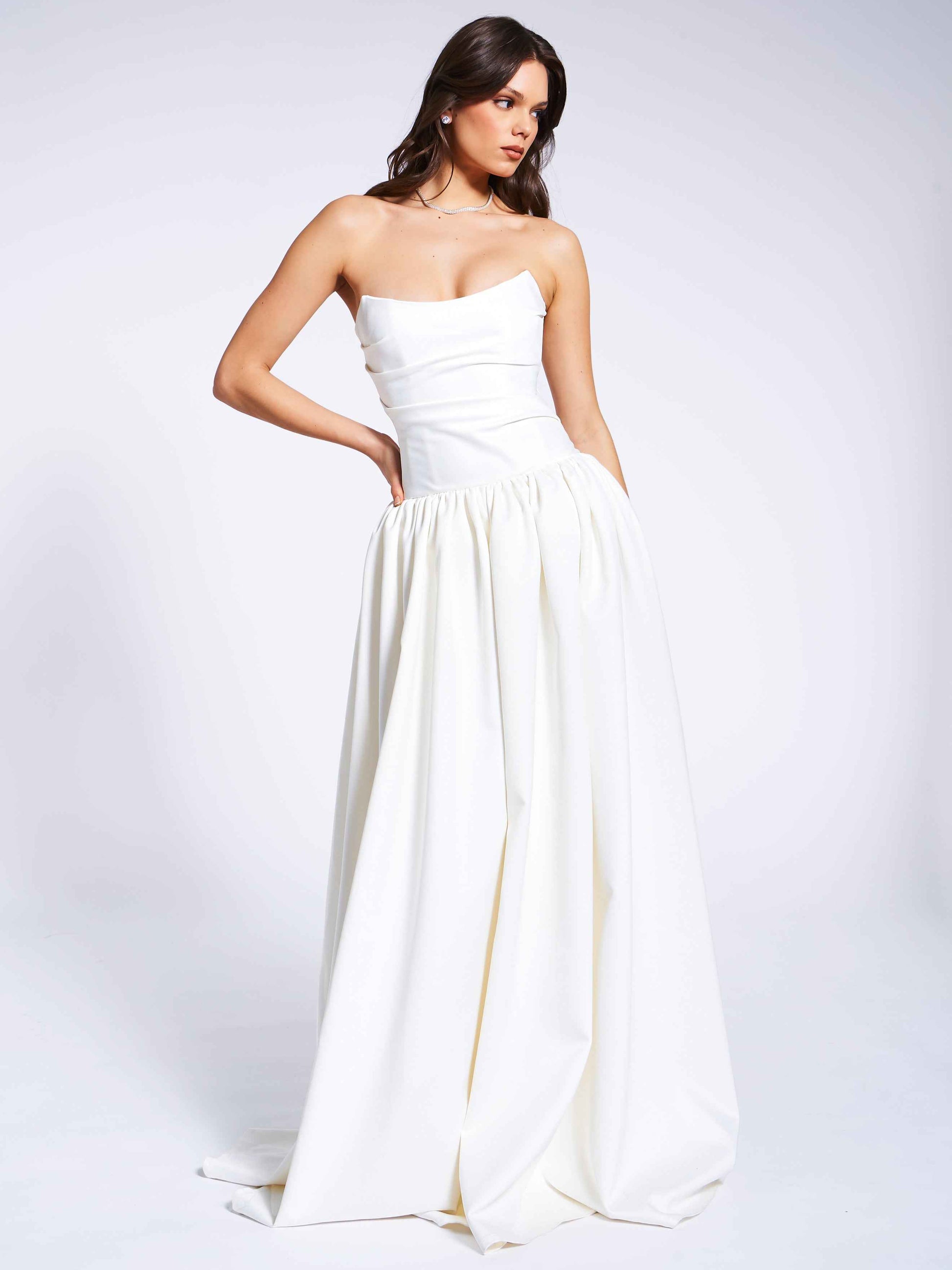 Umay White Drop Waist Satin Corset Bridal Gown