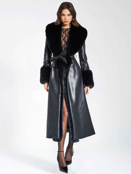 Zaida Black Vegan Fur Trim Black Vegan Leather Coat