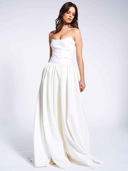 Umay White Drop Waist Satin Corset Bridal Gown