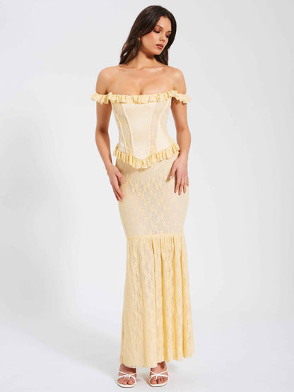 Ersilia Pale Yellow Satin Lace Peplum Corset Off Shoulder Maxi Dress