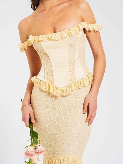 Ersilia Pale Yellow Satin Lace Peplum Corset Off Shoulder Maxi Dress