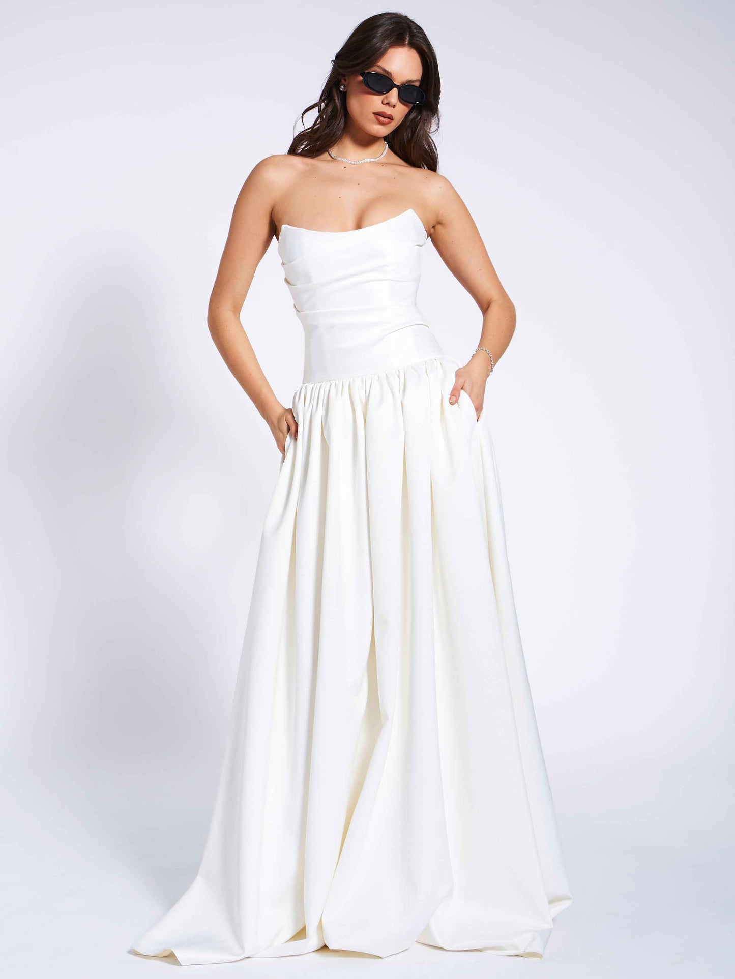 Umay White Drop Waist Satin Corset Bridal Gown