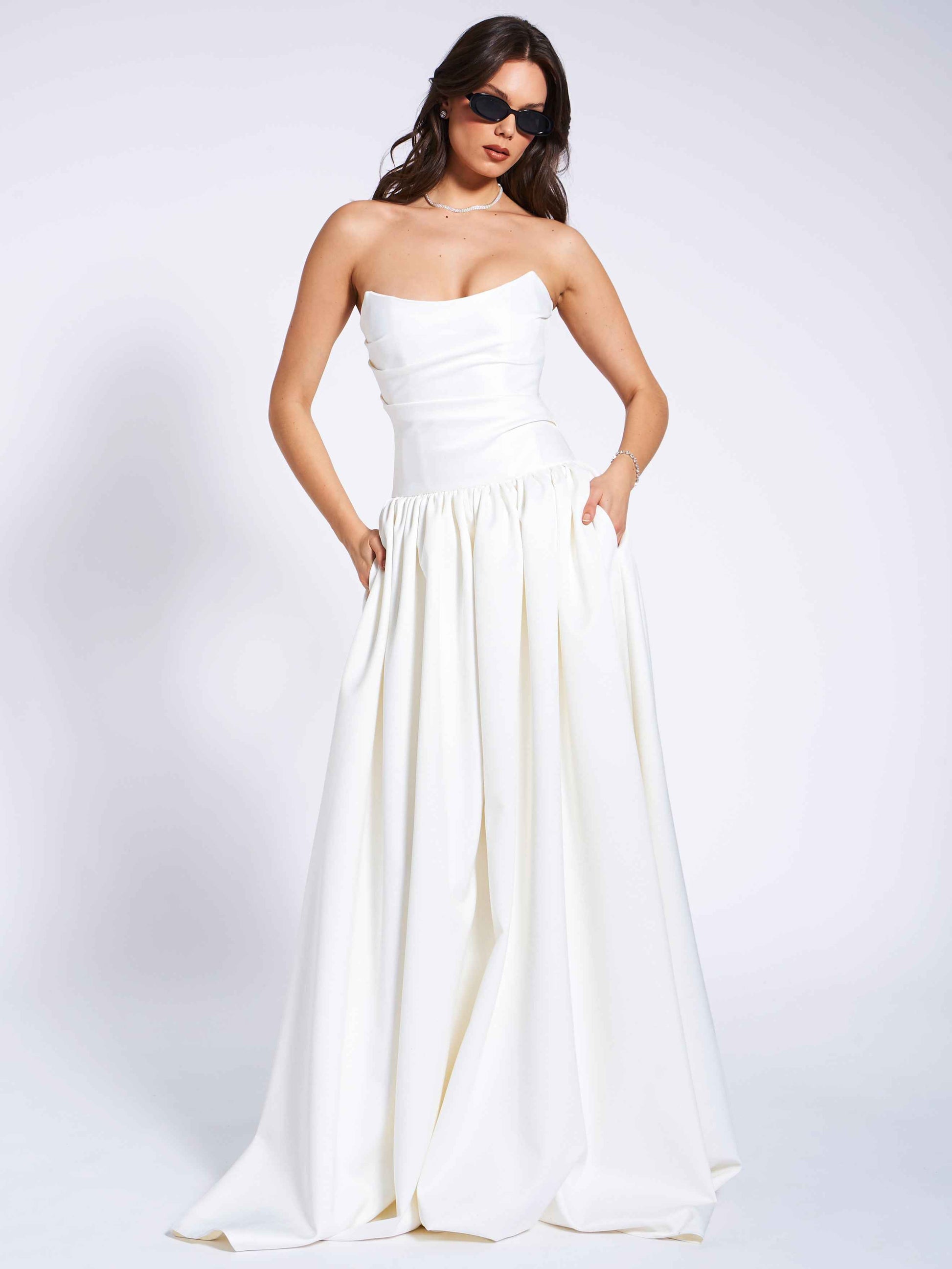 Umay White Drop Waist Satin Corset Bridal Gown
