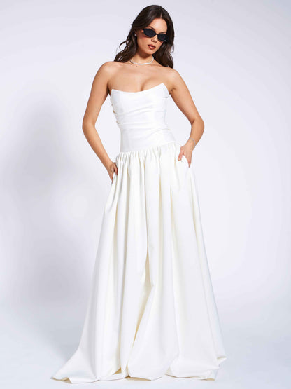 Umay White Drop Waist Satin Corset Bridal Gown