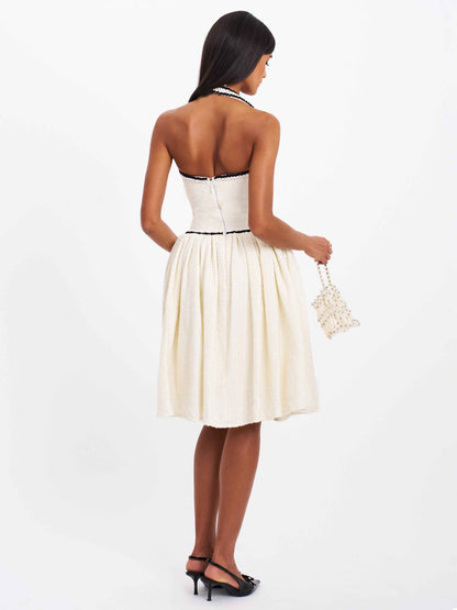 Natalie U Neck Halter Drop Waist Tweed Midi Dress