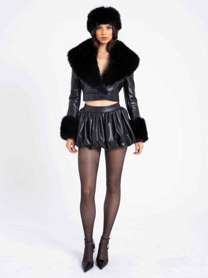Ziah Cropped Leather Jacket with Fur Collar