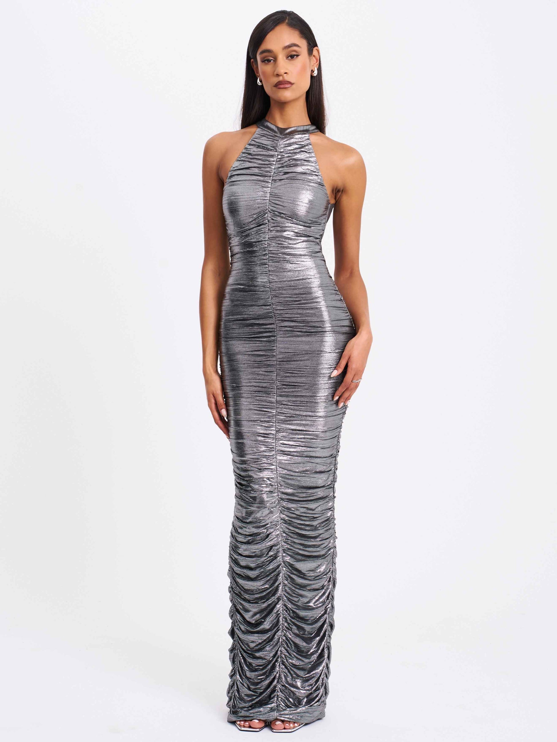 Abril Ruched Silver Glitter Backless Gown