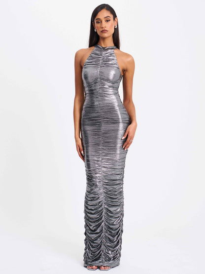 Abril Ruched Silver Glitter Backless Gown