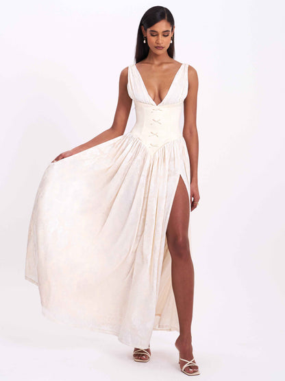 Sabrina Butter Yellow High Slit Jacquard Maxi Dress