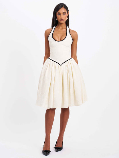 Natalie U Neck Halter Drop Waist Tweed Midi Dress