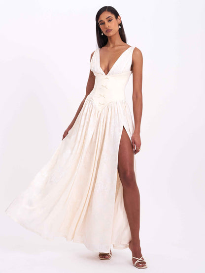 Sabrina Butter Yellow High Slit Jacquard Maxi Dress